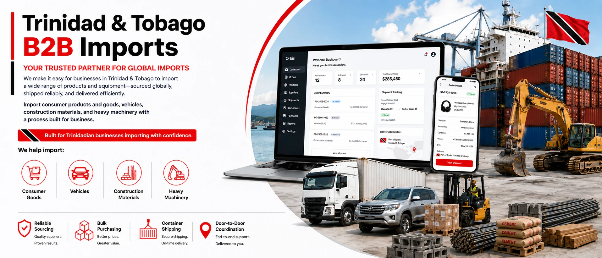 Shiprai Trinidad and Tobago B2B imports for vehicles heavy machinery construction materials and consumer electronics pallets